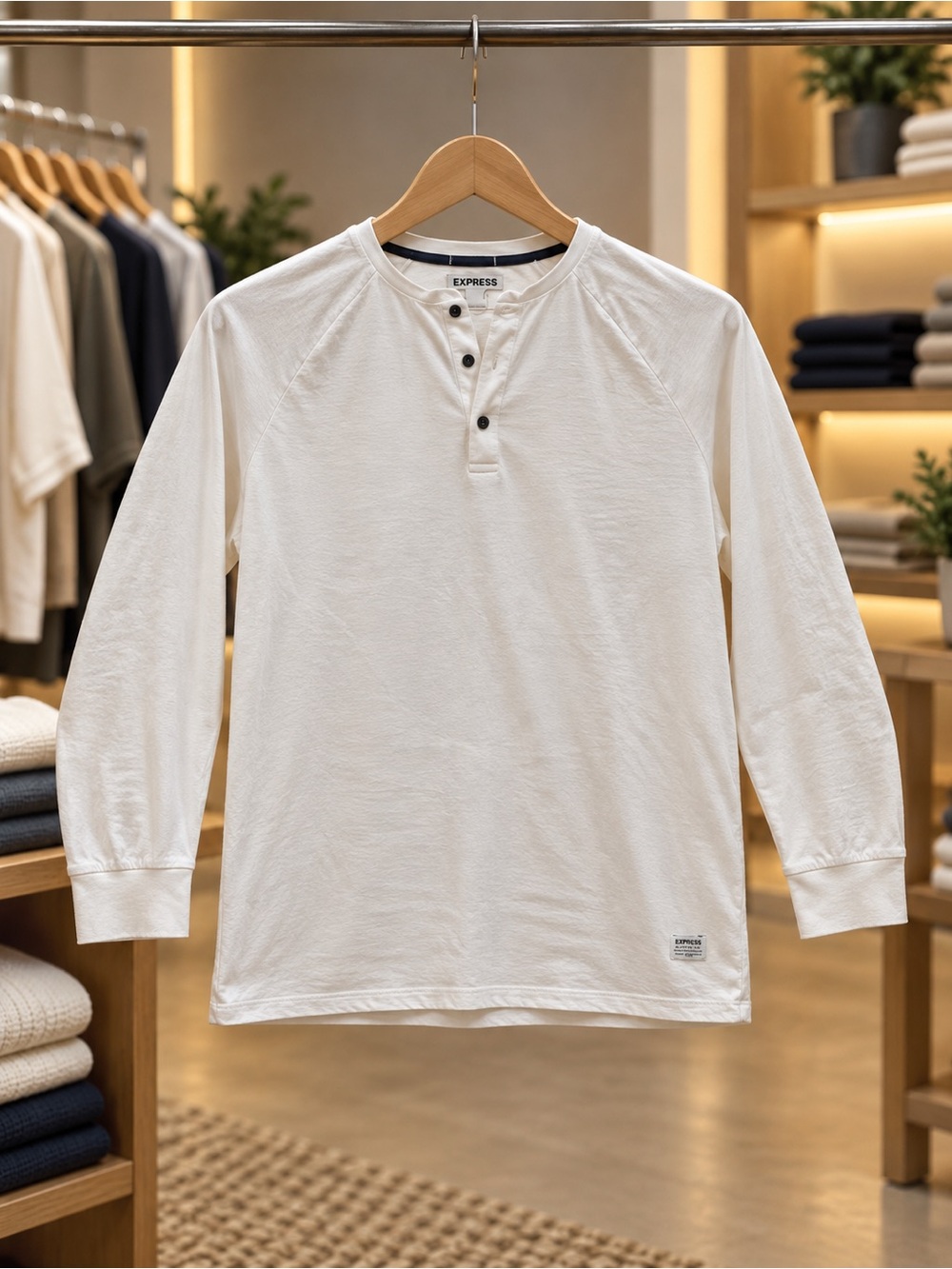 Express Men’s Long Sleeve Henley Shirt in Off-White